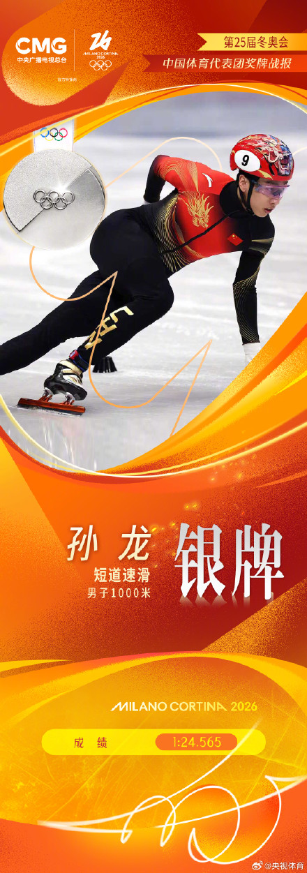 孙龙夺得短道速滑男子1000米银牌