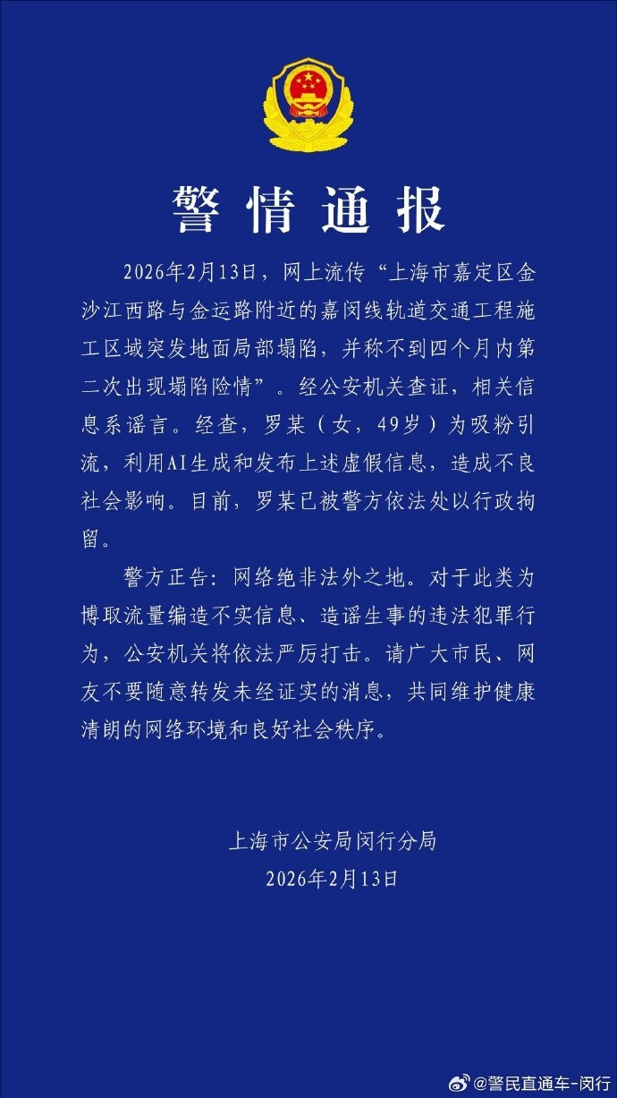 警方辟谣“上海突发地面塌陷”：罗某(女，49岁)，已被行拘