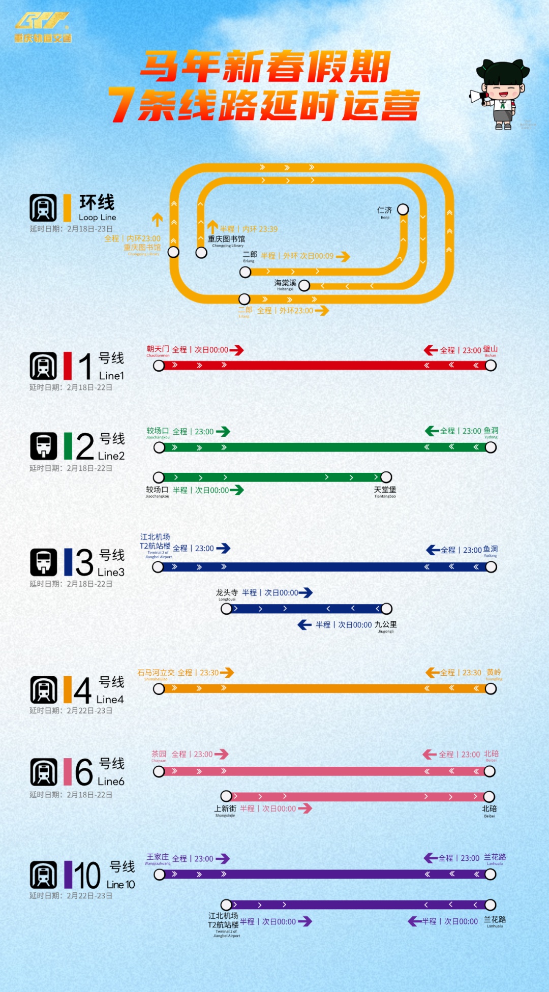 春节假期重庆7条轨道线延时运营 春节假期重庆7条轨道线延时运营