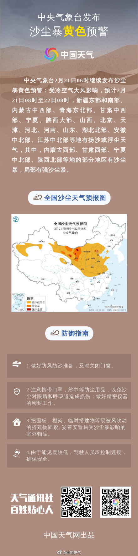 寒潮、暴雪、大风、沙尘暴预警四连发