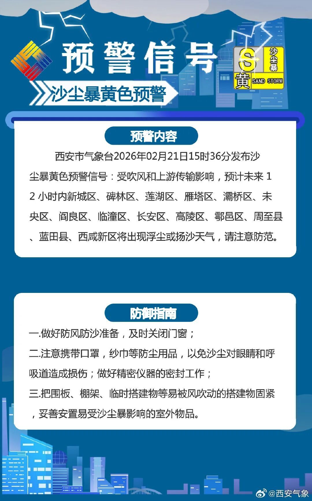 关好门窗！关好门窗！西安发布沙尘暴黄色预警→