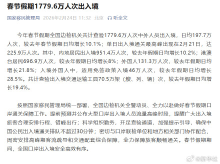 春节假期1779.6万人次出入境