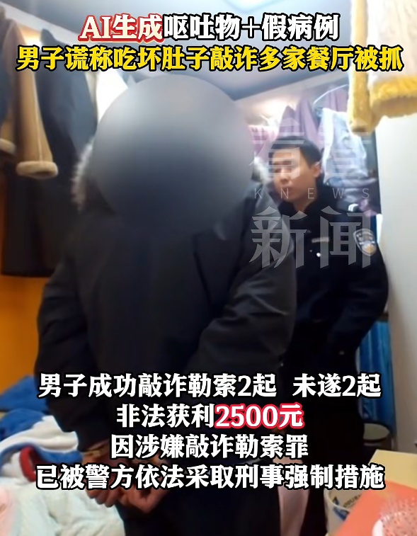 男子用AI生成呕吐物、假病历，向餐厅索赔：“再不解决我就举报了”，非法获利2500元