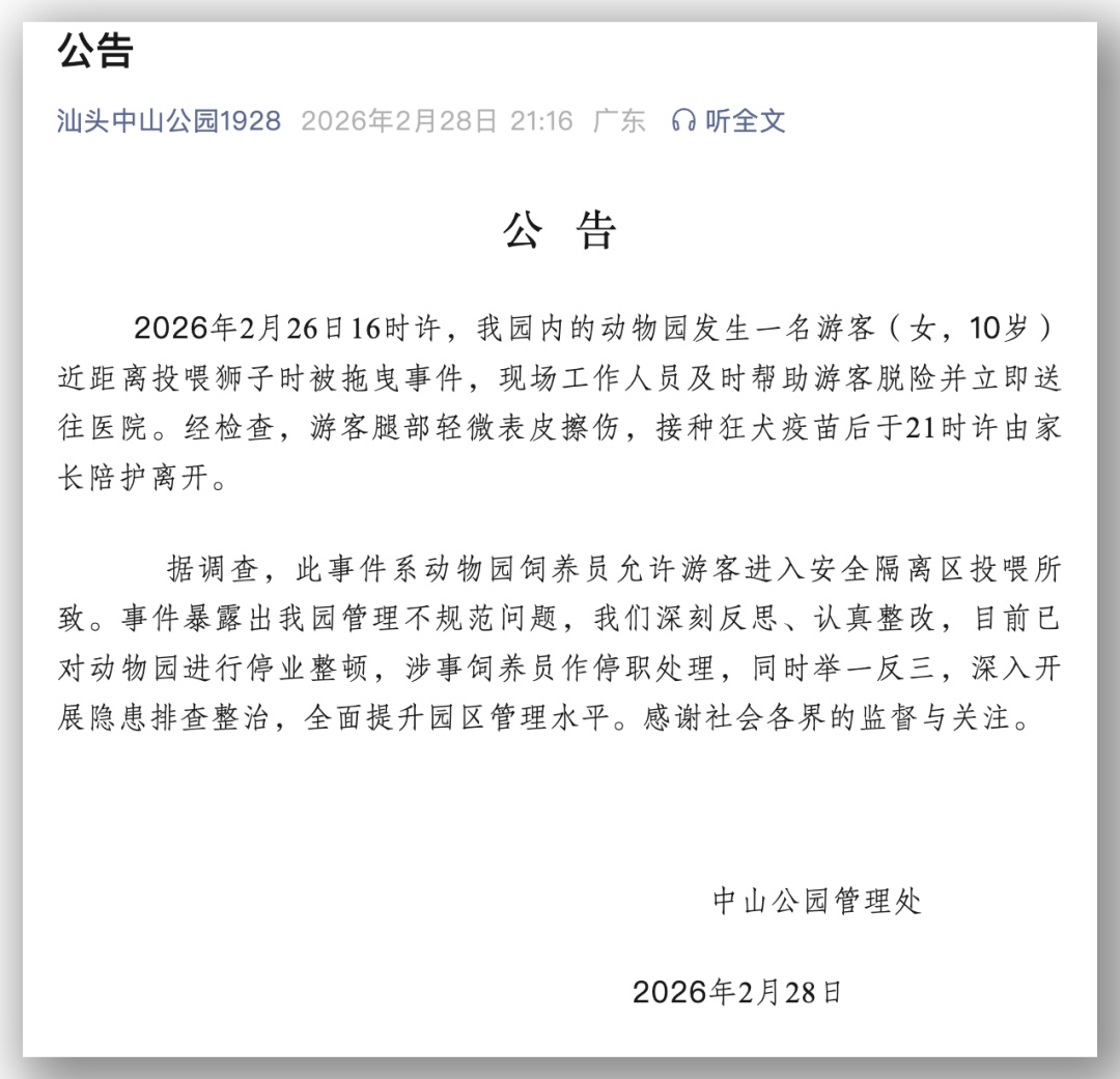 汕头一女童投喂狮子时被抓伤，当地回应：该动物园为私人承租，已停业整顿
