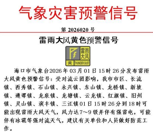 海口雷雨大风黄色预警生效中！1日影响区域、时段→