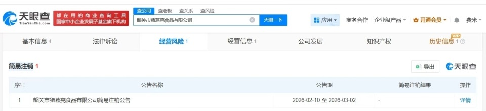 韶关周瑜名下猪葛亮食品公司注销