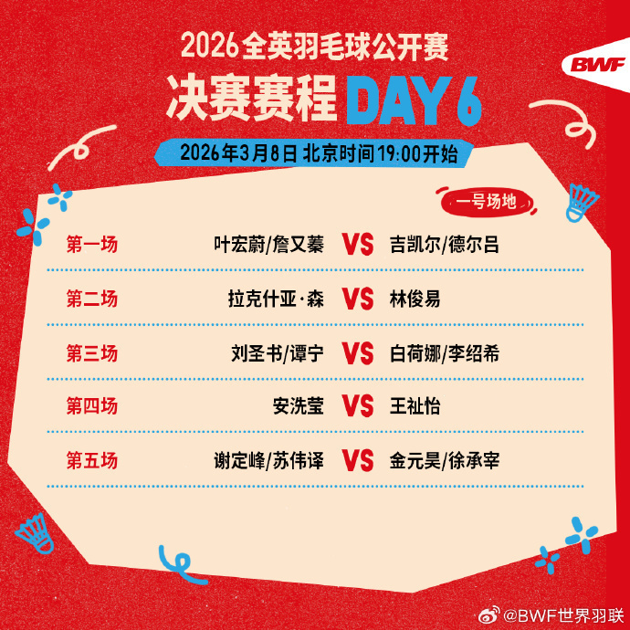 今晚七点开赛！2026全英羽毛球公开赛决赛赛程公布