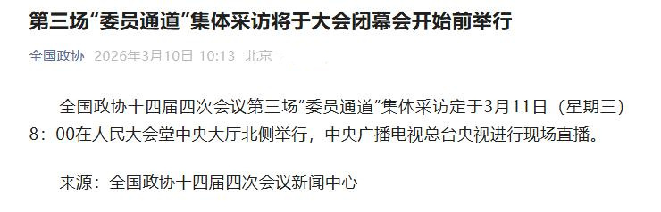 第三场“委员通道”集体采访将于大会闭幕会开始前举行