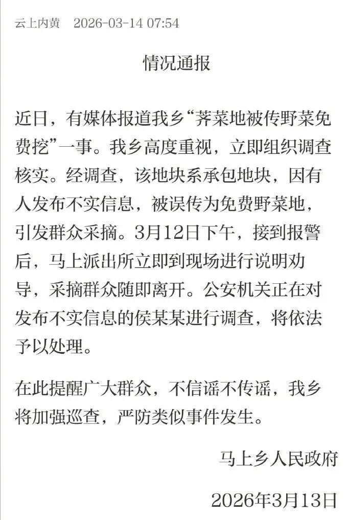“荠菜地被传野菜免费挖”,官方通报 “荠菜地被传野菜免费挖”,官方通报
