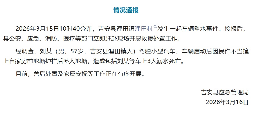江西吉安通报:刘某(男,57岁)驾车操作不当坠入池塘,造成车上3人溺水死亡 江西吉安通报:刘某(男,57岁)驾车操作不当坠入池塘,造成车上3人溺水死亡