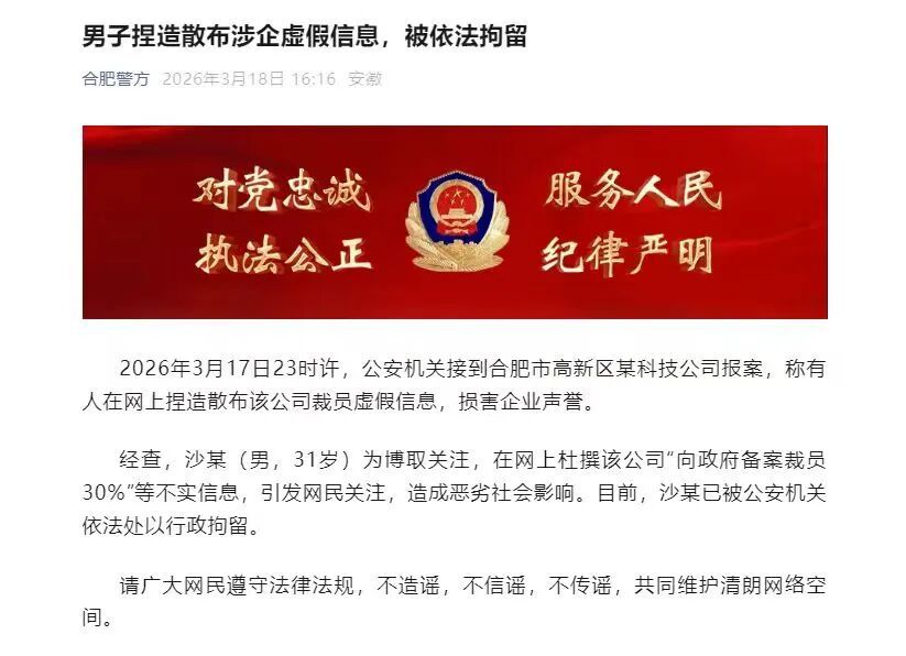 沙某发布不实信息，造成恶劣社会影响，已被合肥警方依法行拘！