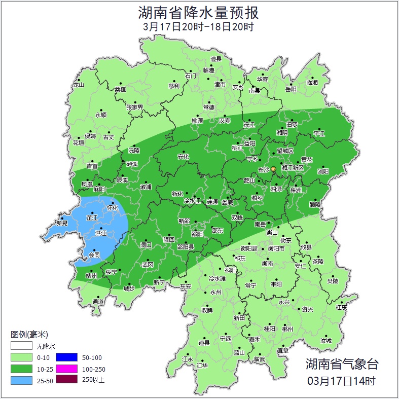 湖南天气：最低气温7℃，大部有小到中雨，局地大雨，阵风7级