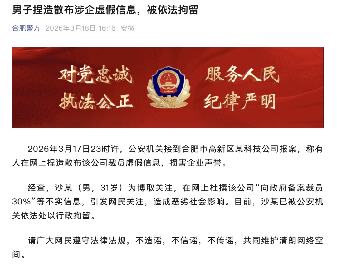 沙某（男，31岁）杜撰某科技公司“向政府备案裁员30%”，合肥警方：拘！