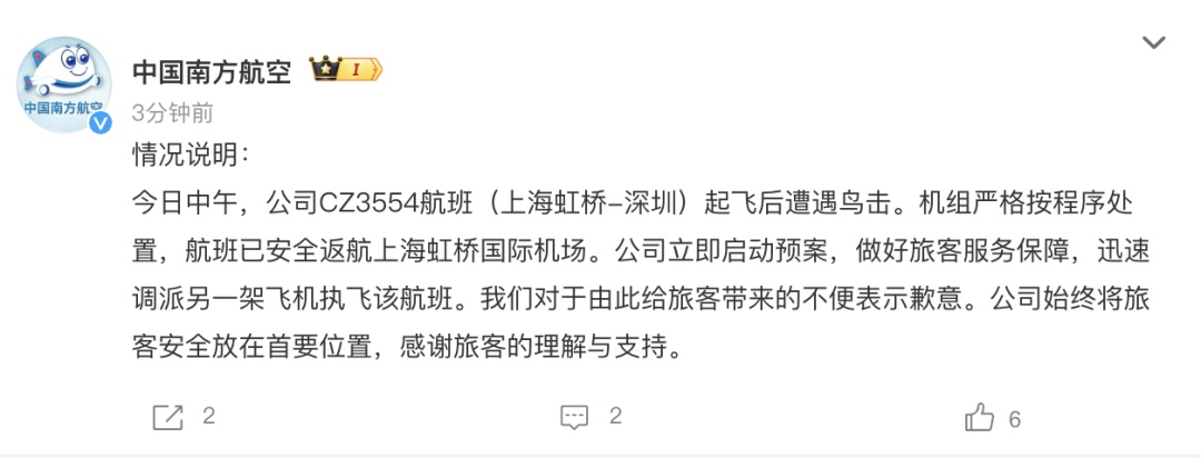 一航班起飞后遭遇鸟击，南航通报