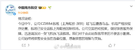 南方航空通报航班遭鸟击