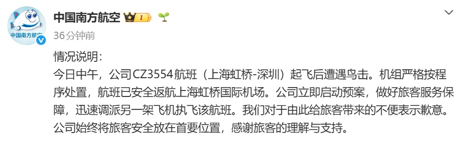 起飞后遭遇鸟击，上海飞深圳一航班紧急返航！整流罩脱落、风挡玻璃破裂……