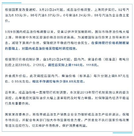 上海成品油价明起调整