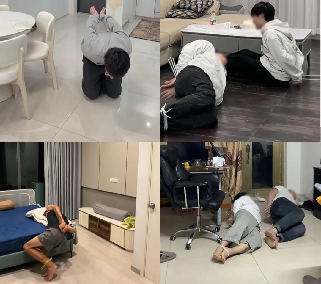 男子跟风在家用渔网、扎带玩“捆绑”，被困后大声呼叫，外卖小哥路过发现报警求助