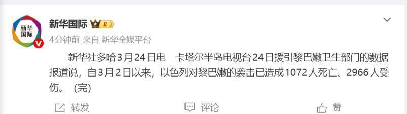 以色列对黎巴嫩的袭击已造成1072人死亡，2966人受伤
