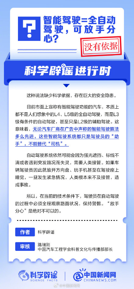 智能驾驶=全自动驾驶，可放手分心？