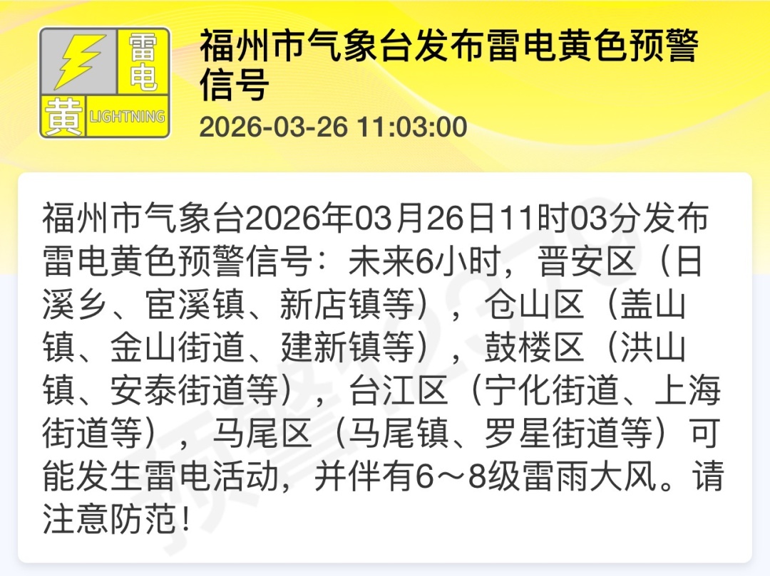雷电预警!福州发布!关窗!关窗! 雷电预警!福州发布!关窗!关窗!