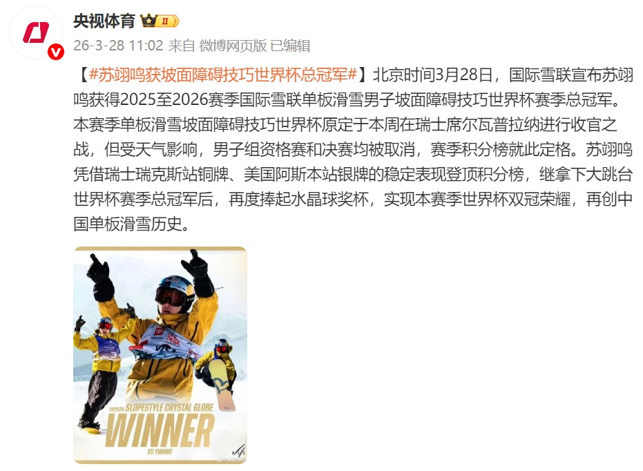 苏翊鸣获坡面障碍技巧世界杯总冠军