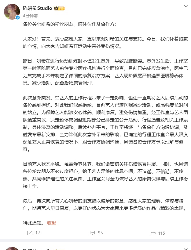 陈妍希运动时发生意外致跟腱断裂，将暂停部分工作，本人发声：我会好好养伤