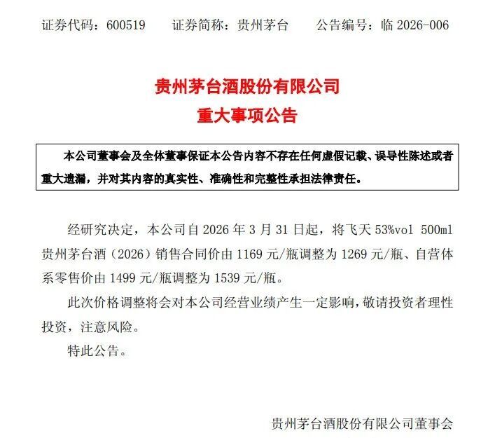 时隔八年，飞天茅台发布公告：零售价上调