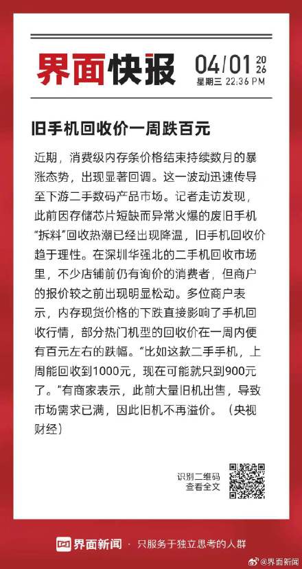 旧手机回收价一周跌百元