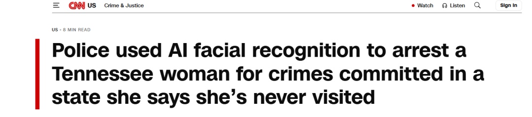 美国警方AI面部识别“认错人” 无辜妇女遭羁押五个多月