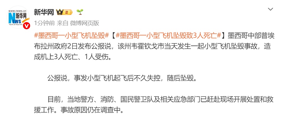 墨西哥一飞机坠毁，3人死亡、1人受伤，起飞后不久失控，随后坠毁
