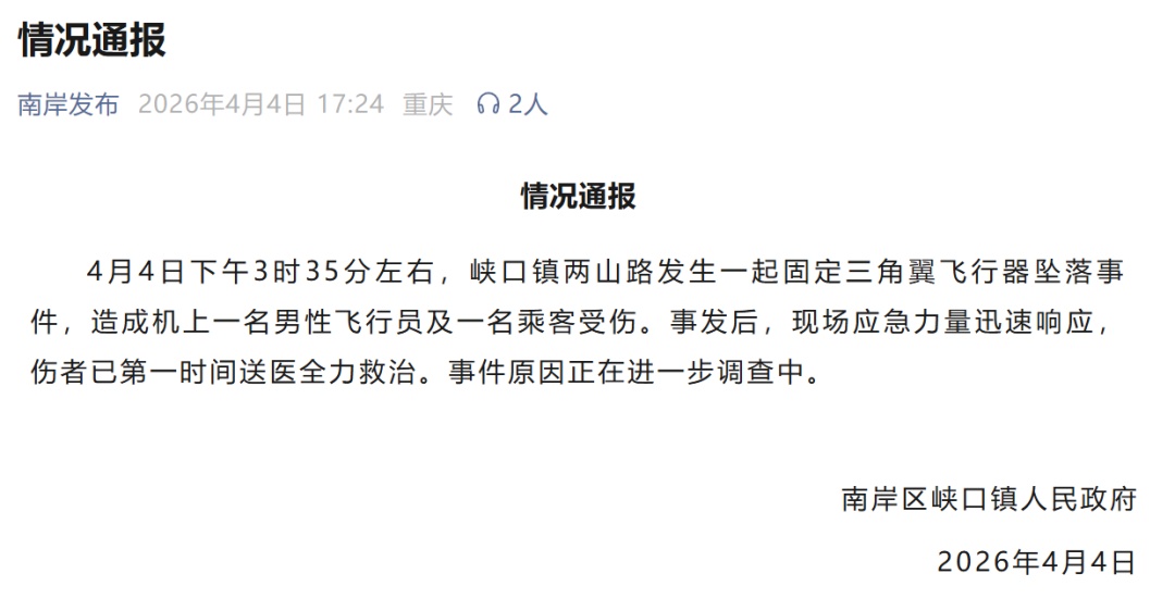 重庆南岸通报：固定三角翼飞行器坠落，造成机上1名飞行员及1名乘客受伤