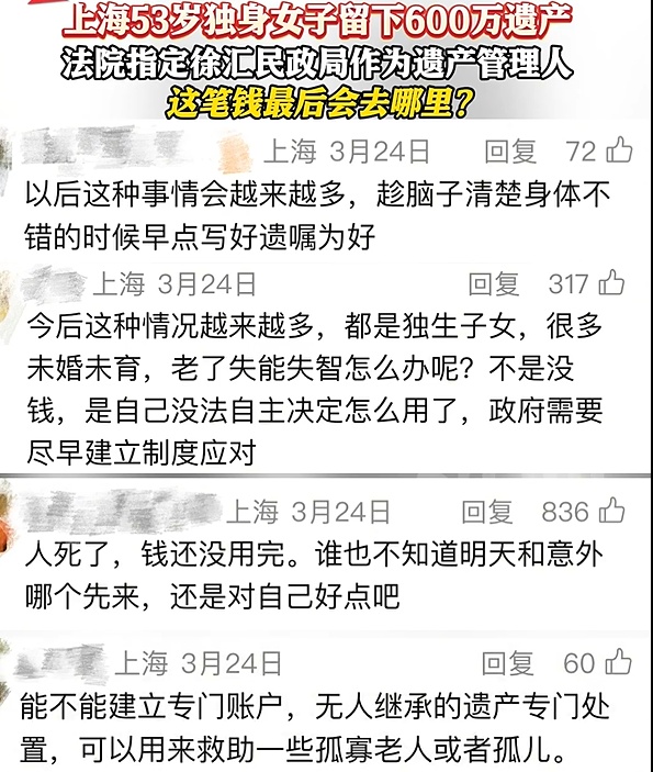 53岁独身女子去世 留下600万拆迁款无人继承 上海法院这样判