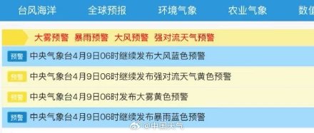 暴雨强对流大风大雾四预警齐发