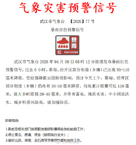 武汉再发暴雨红色预警