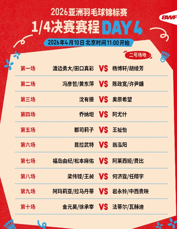 石宇奇、“梁王”组合等将出战 2026羽毛球亚锦赛1/4决赛赛程公布