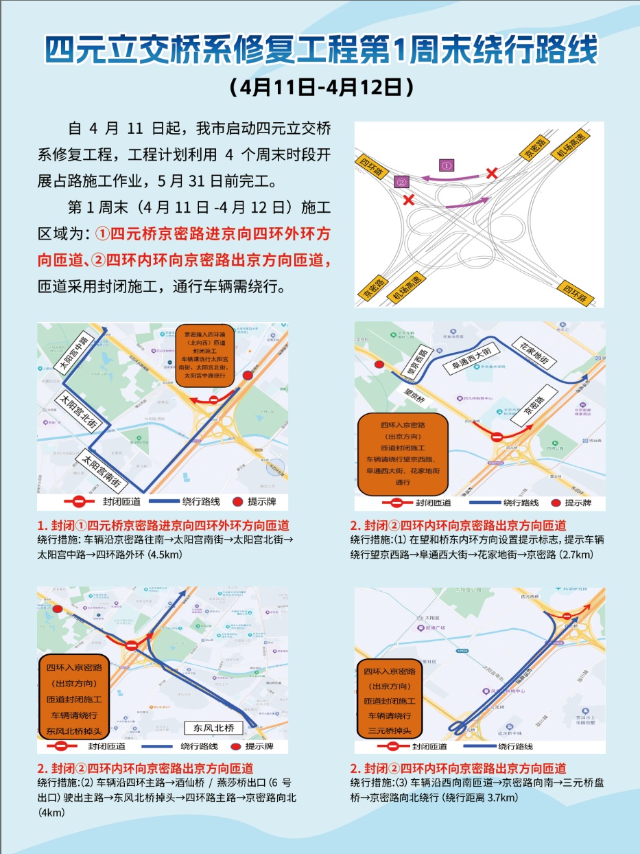 北京:四元桥修复工程启动!今天起4个周末占道施工,绕行路线 北京:四元桥修复工程启动!今天起4个周末占道施工,绕行路线