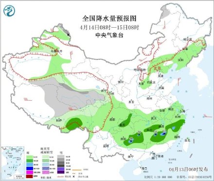 新疆北部及青藏高原北部有雨雪