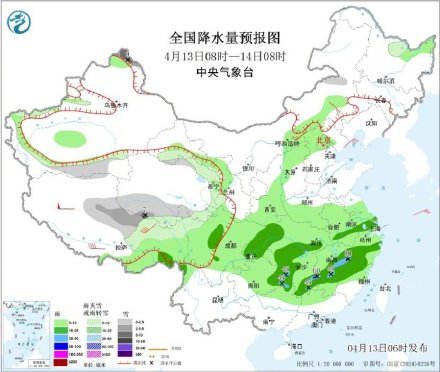 新疆北部及青藏高原北部有雨雪
