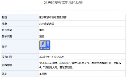 北京4区发布雷电蓝色预警