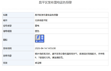 北京4区发布雷电蓝色预警