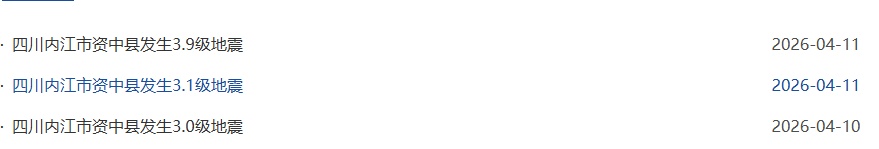 四川内江资中县凌晨再次发生4.2级、3.3级地震，此前已连续6天发生十几起地震