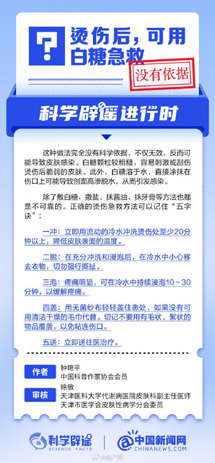 烫伤后可以用白糖急救系谣言 烫伤后可以用白糖急救系谣言
