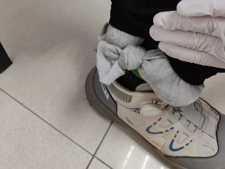 男子将5条活体球蟒用袜子包裹，藏在脚踝、裤子口袋等处，入境被查