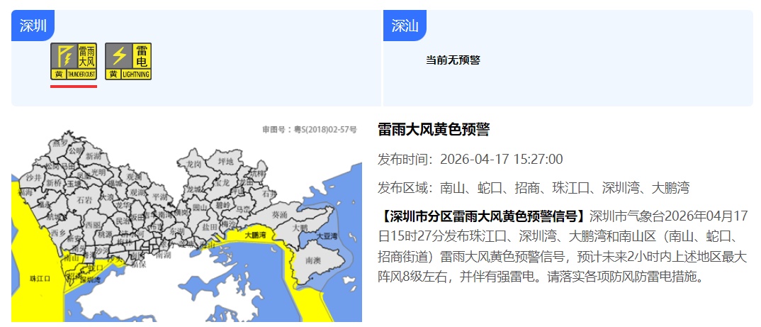 下班注意！深圳双预警生效！强雷电+8级大风要来了