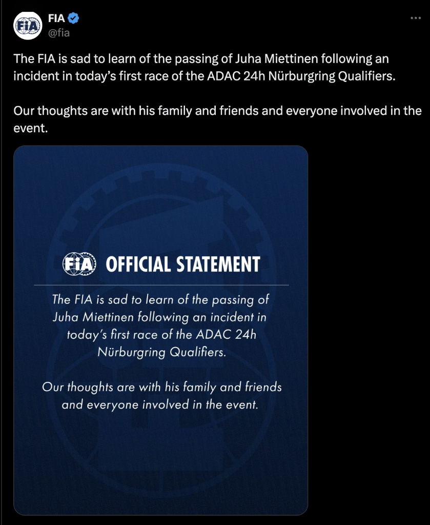 德国纽博格林24小时耐力赛发生重大事故 66岁赛车手身亡