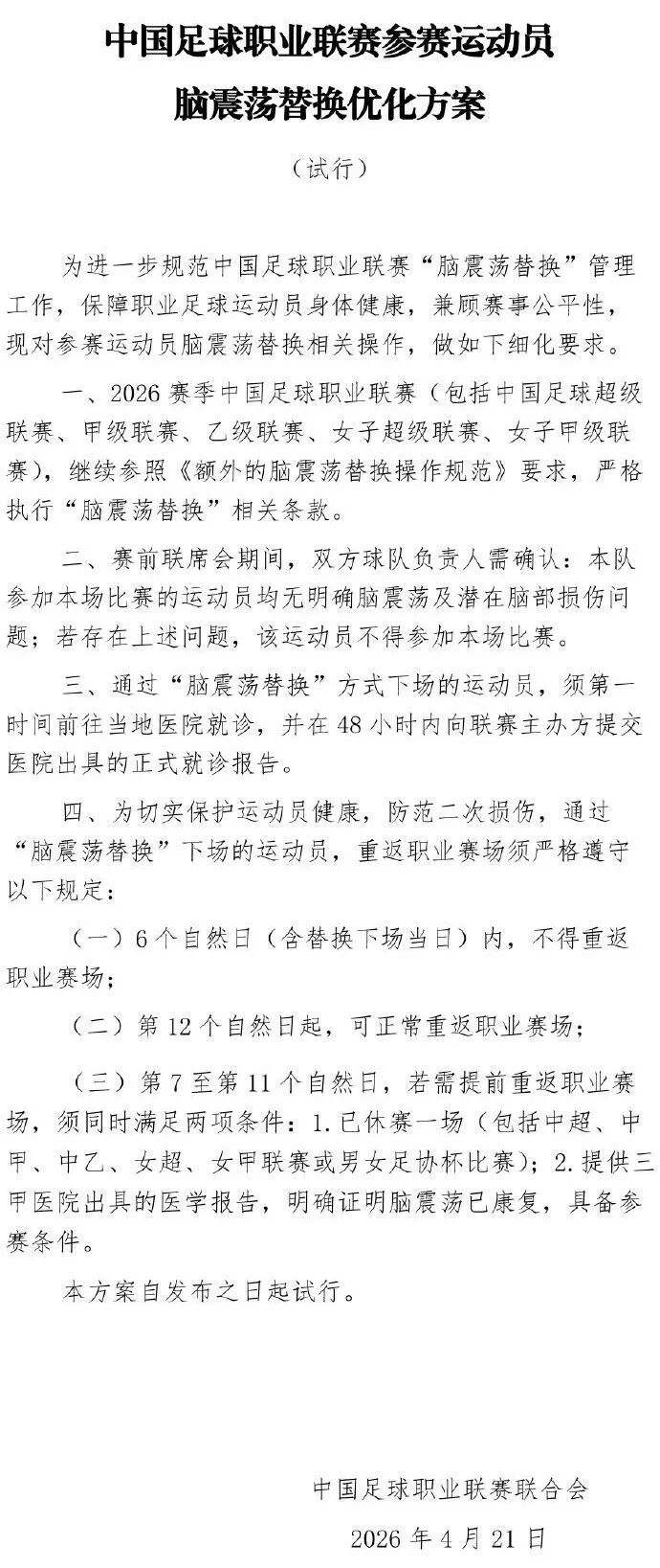 中足联发布新规：因“脑震荡替换”下场球员，须立即就医，6天内不得比赛