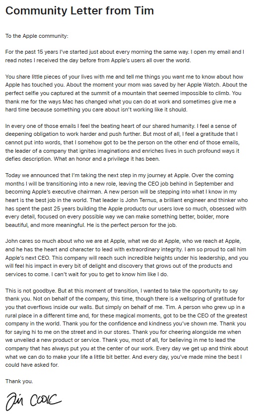 苹果宣布换帅 约翰·特纳斯接棒 库克任职15年间苹果市值增长24倍 年收入破4000亿美元