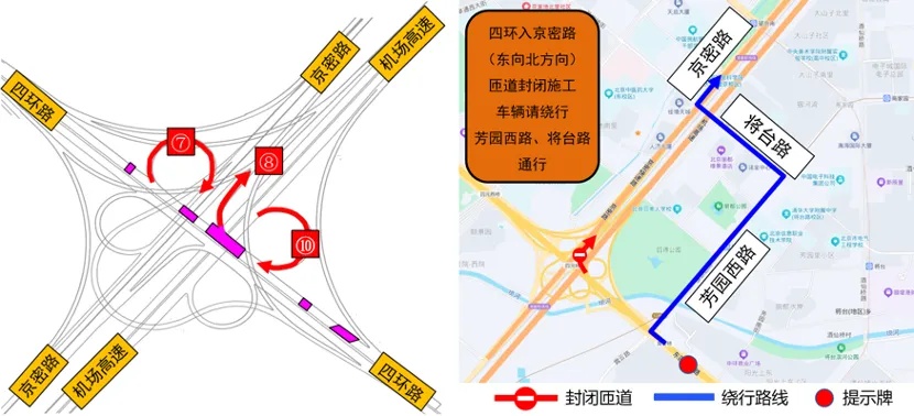 @北京市民 本周末四元桥大修进入第三阶段，3条匝道封闭，这样走→