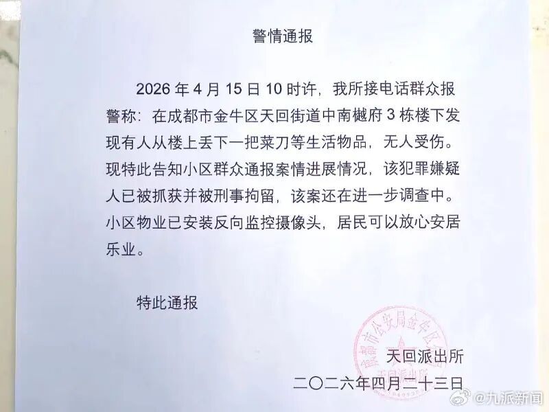 一小区菜刀从天而降，坠落儿童游乐区，警方通报→